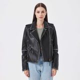 Tergan Siyah Hakiki Deri Kadın Hakiki Deri Biker Mont - K23KDM320402-Q3H - Siyah_Q3H - 2XL