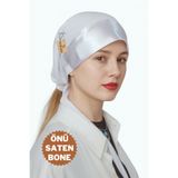 Tergek Önü Saten Dikişsiz Bağcıklı Şık Bone Beyaz, Tesettür Başörtü Eşarp Şal Türban Bonesi
