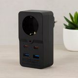 Termal Akım Korumalı Duvar Prizi - 1 Priz, 2Xusb, 2Xtype-C (10A/2500W) Siyah