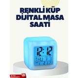Termometre ve Takvim Özellikli 7 Renk Değiştiren Küp Alarm Saati