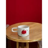 Terraco Ceramic Yeniyıl Yılbaşı Altın Detaylı Kırmızı Şapka Kabartmalı El Yapımı Seramik Kupa Mug - Beyaz - Altın - 220 ml