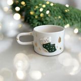 Terraco Ceramic Yeniyıl Yılbaşı Altın Detaylı Yeşil Çorap Kabartmalı El Yapımı Seramik Kupa Mug - Beyaz - Altın - 220 ml