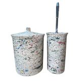 Terrazzo Desenli Seramik Banyo Seti, 2 Parça, Çöp Kovası ve Tuvalet Fırçalık, Beyaz