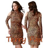 Terry Pau TP101193 Omuz Açık Leopar Desenli Elbise