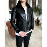 Terzi Adem %100 Orjinal Kuzu Derisi Siyah Kürk Yaka Mont Deri Ceket Erkek T5059 Slim Fit