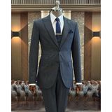 Terzi Adem Altun İtalyan stil çizgili ceket yelek pantolon takım elbise lacivert T10729 - 46