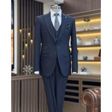 Terzi Adem Altun İtalyan stil slim fit armür desenli ceket yelek pantolon takım elbise lacivert T11489 - 46