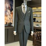 Terzi Adem Altun Italyan Stil Slim Fit Armür Desenli Ceket Yelek Pantolon Takım Elbise Yeşil T11488