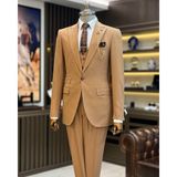 Terzi Adem Altun Italyan Stil Slim Fit Ceket Yelek Pantolon Takım Elbise Camel T11485