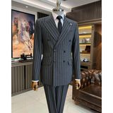 Terzi Adem Altun İtalyan stil slim fit çizgili kruvaze ceket pantolon takım elbise antrasit T11934 - 46