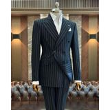Terzi Adem Altun İtalyan stil slim fit çizgili kruvaze ceket pantolon takım elbise siyah T11933 - 46