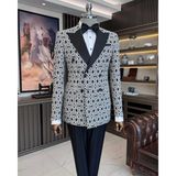 Terzi Adem Altun Italyan Stil Slim Fit Desenli Kruvaze Ceket Pantolon Damatlık Set Siyah T11571 - 54