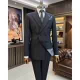 Terzi Adem Altun Italyan Stil Slim Fit Ekose Kruvaze Ceket Pantolon Takım Elbise Siyah T11694 - 48