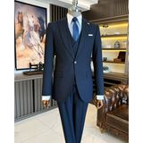 Terzi Adem Altun Italyan Stil Slim Fit Erkek Armürlü Ceket Yelek Pantolon Takım Elbise Lacivert T11567 - 46
