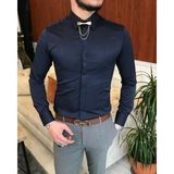 Terzi Adem İtalyan Kesim Slim Fit Erkek Saten Zincirli Gömlek Lacivert T4802 - XS