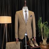 Terzi Adem Italyan Stil Slim Fit Çizgili Erkek Ceket Pantolon Takım Elbise Kahverengi T7193 - 46