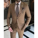 Terzi Adem Italyan Stil Slim Fit Çizgili Erkek Ceket Pantolon Takım Elbise Kahverengi T7193 - 48