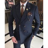 Terzi Adem Italyan Stil Slim Fit Çizgili Kruvaze Ceket Pantolon Takım Elbise Lacivert T9501 - 48
