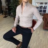 Terzi Adem İtalyan Stil Slim Fit Dik Yaka Saten Erkek Gömlek Bej T4751