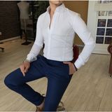 Terzi Adem İtalyan Stil Slim Fit Dik Yaka Saten Erkek Gömlek Beyaz T4754 - 2XL