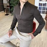 Terzi Adem İtalyan Stil Slim Fit Dik Yaka Saten Erkek Gömlek Kahverengi T4753 - XS