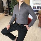 Terzi Adem İtalyan Stil Slim Fit Dik Yaka Saten Erkek Gömlek Koyu Gri T4737 - XS
