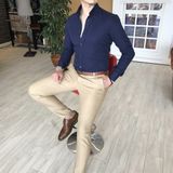 Terzi Adem İtalyan Stil Slim Fit Dik Yaka Saten Erkek Gömlek Koyu Lacivert T4740