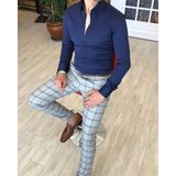 Terzi Adem Italyan Stil Slim Fit Dik Yaka Saten Erkek Gömlek Lacivert T4741 - 2XL