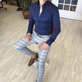 Terzi Adem Italyan Stil Slim Fit Dik Yaka Saten Erkek Gömlek Lacivert T4741 - XL
