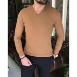 Terzi Adem Italyan Stil Slim Fit Erkek V Yaka Triko Kazak Camel T8734 - XL