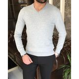 Terzi Adem İtalyan stil slim fit erkek V yaka triko kazak Gri T8732