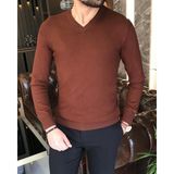 Terzi Adem Italyan Stil Slim Fit Erkek V Yaka Triko Kazak Kahverengi T8738 - XL
