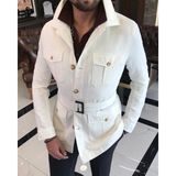 Terzi Adem Italyan Stil Slim Fit Keten Pamuk Karışımı Gömlek Yaka Erkek Trençkot Ekru T9601 - 50