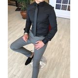 Terzi Adem Italyan Stil Slim Fit Saten Kravat Yaka Gömlek Siyah T4767 - 5XL