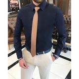 Terzi Adem Italyan Stil Slim Fit Saten Pamuk Erkek Kravat Yaka Gömlek Lacivert T9423