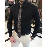 Terzi Adem Italyan Stil Slim Fit Saten Pamuk Erkek Kravat Yaka Gömlek Siyah T9422