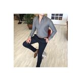 TerziAdemAltun Italyan Stil Slim Fit Dik Yaka Saten Erkek Gömlek Gri T4738