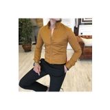 TerziAdemAltun Italyan Stil Slim Fit Dik Yaka Saten Erkek Gömlek Hardal T5105