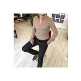 TerziAdemAltun Italyan Stil Slim Fit Dik Yaka Saten Erkek Gömlek Vizon T5104