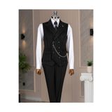 TerziAdemAltun İtalyan stil slim fit erkek kruvaze çizgili kaşe cepken yelek siyah T20015-01