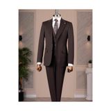 TerziAdemAltun İtalyan stil slim fit sivri yaka ceket yelek pantolon takım elbise kahverengi T14860