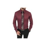 TerziAdemAltun Italyan Stil Slim Fit Sivri Yaka Saten Erkek Gömlek Bordo T7212