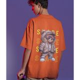 Terzili Giyin Cool Bear Baskılı Oversize Erkek Tişört – Hava Alabilen Pamuk - Turuncu - XL