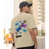 Terzili Giyin Freedom Vibes Kelebek Baskılı Oversize Erkek Tişört - Bej - 2XL