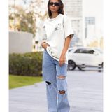 Terzili Giyin Seninle Kahve Içmeye Geliyorum Baskılı Oversize Tişört - Beyaz - XL