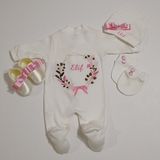 Terzim Ayşenur Nakışlı Kız Bebek Tulum Seti Hediyelik - 0 - 3 Ay - Krem