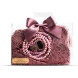 Tesbih + Dantelli Şal + Zikirmatik Hediye Seti (Asetat Kutulu, Pembe)