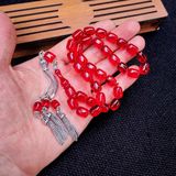 Tesbix 9x12 mm Gümüş Püsküllü Kırmızı Zar Kehribar Tesbih