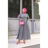 Tesettür Diyarı Bağlama Detaylı Çizgili Tesettür Elbise- Füme - Standart