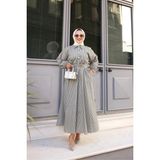 Tesettür Diyarı Bağlama Detaylı Çizgili Tesettür Elbise- Haki - Standart